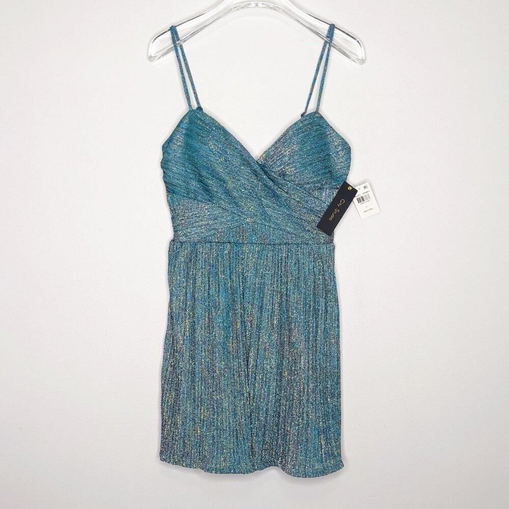 City Studio Teal Mini Dress Spaghetti Straps Metallic Glitter Fabric Size 5 NWT